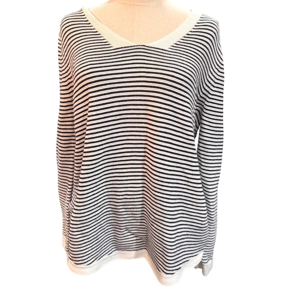 Talbots Petites Striped V Neck Sweater Long Sleeve Women's XL P Navy White
